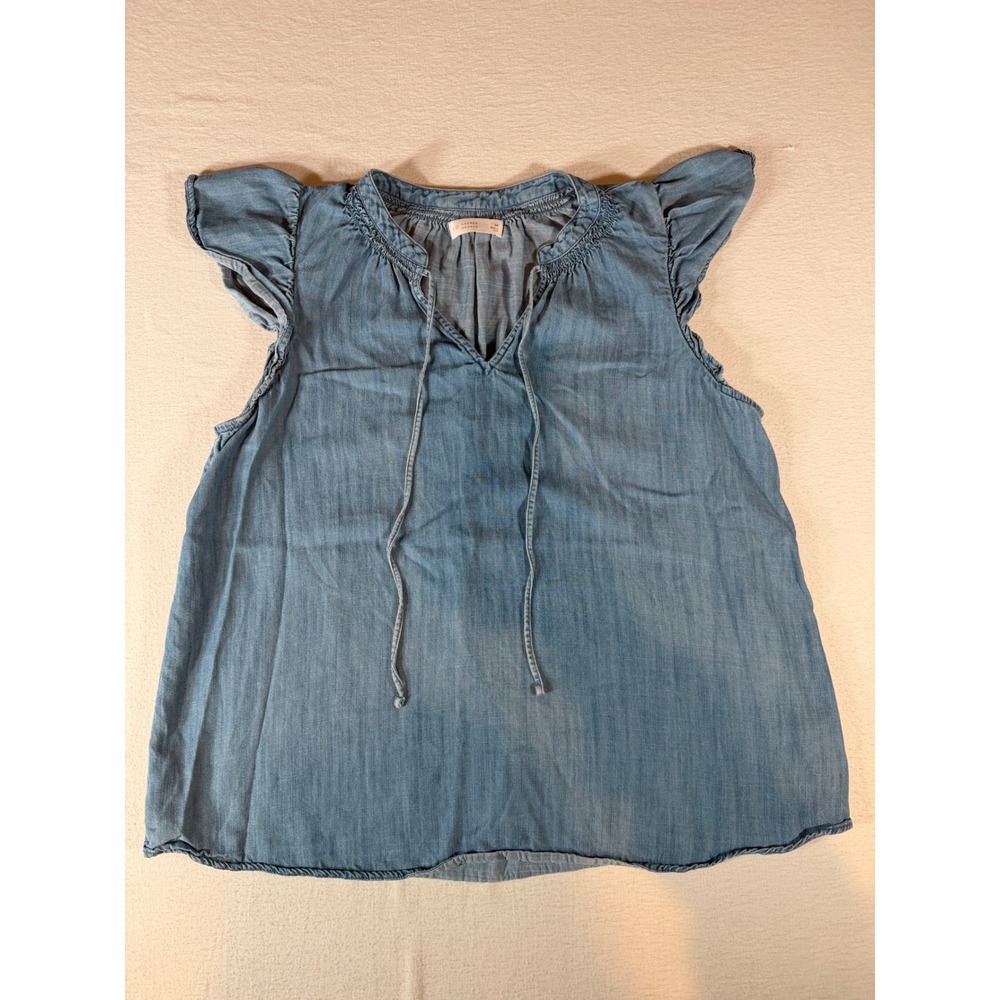 LC Lauren Conrad Women Blue Lyocell Chambray Flutter Sleeve Tie Neck Blouse M